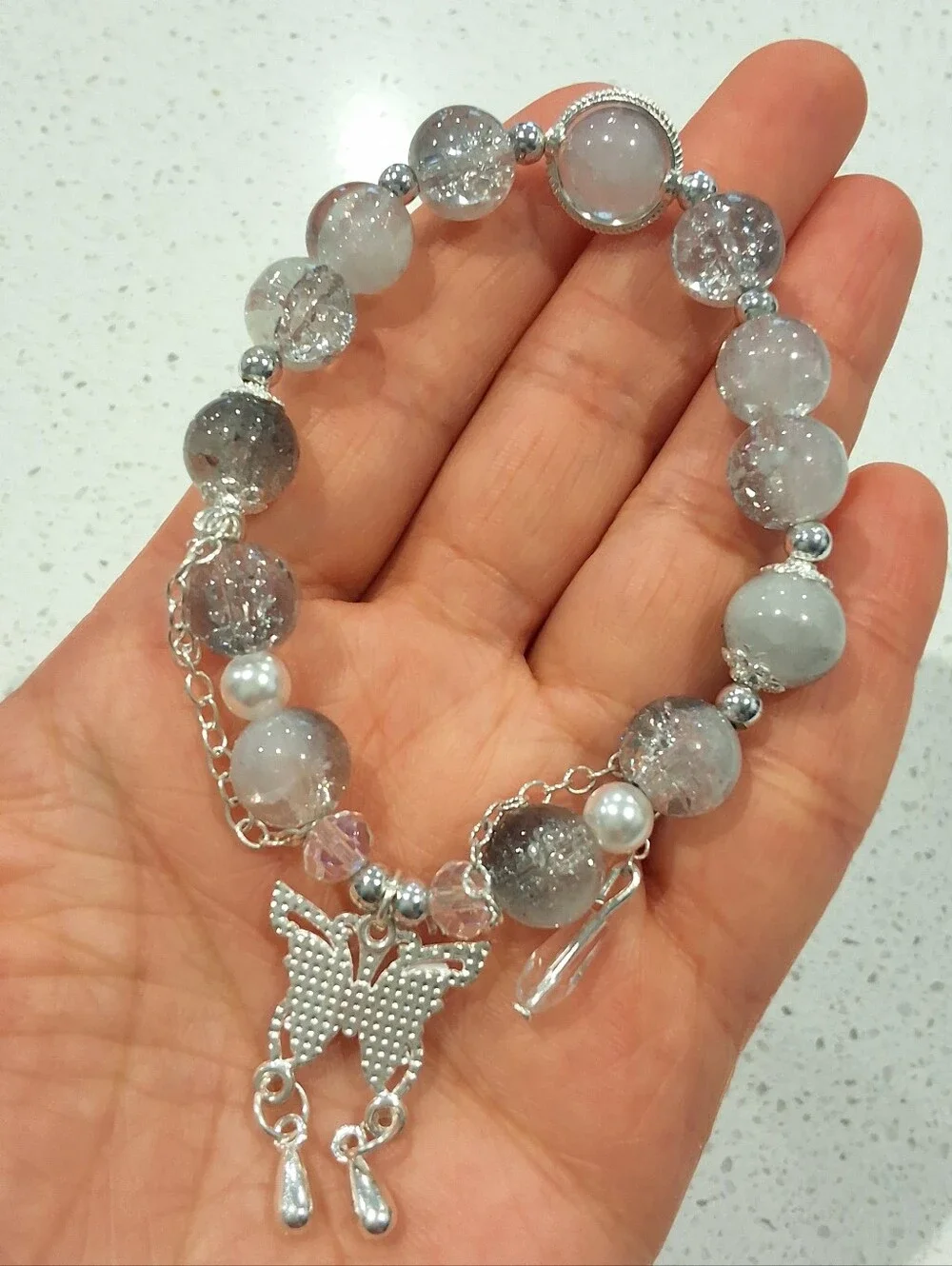 Beautiful Gray Black Beaded Butterfly Charm Braceket Silver Tone Jewelry, NEW